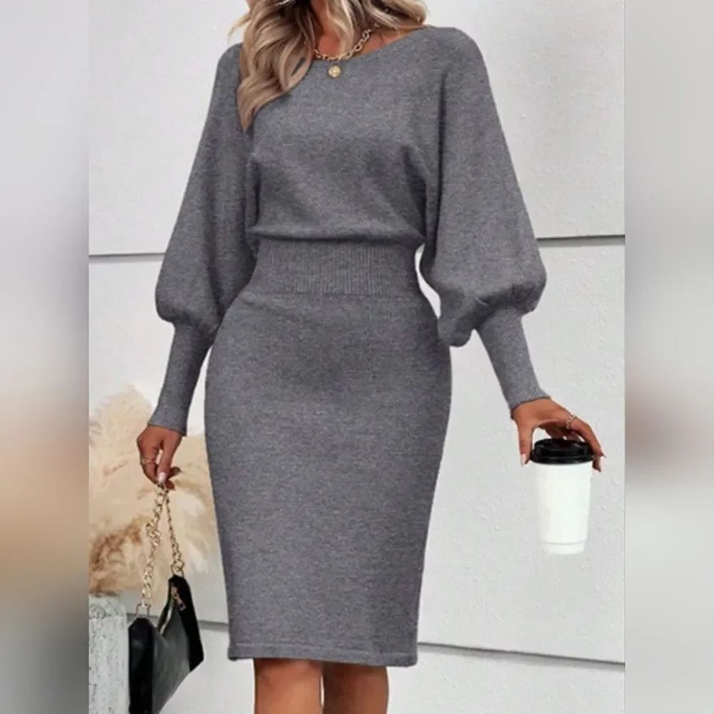 Lantern Sleeve Bodycon Sweater Dress - Ribbed Knit Mini In Gray